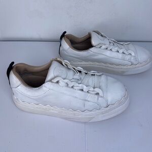 CHLOE Lauren Low Top Scalloped White Leather Sneakers w Black Label